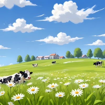 A Field Of Daisies With Green Grass Cows Grazing In The Background Blue Sky With White Clouds Bright Sunlight Cartoon Style 6 8308