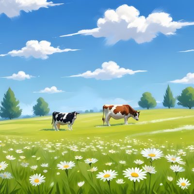 A Field Of Daisies With Green Grass Cows Grazing In The Background Blue Sky With White Clouds Bright Sunlight Cartoon Style 7 083f