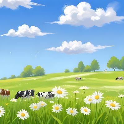 A Field Of Daisies With Green Grass Cows Grazing In The Background Blue Sky With White Clouds Bright Sunlight Cartoon Style 8 6ca3