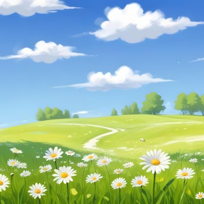 A Field Of Daisies With Green Grass Cows Grazing In The Background Blue Sky With White Clouds Bright Sunlight Cartoon Style 9 0f58