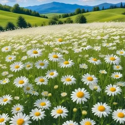 A Field Of White Daisy Flowers In A Lush Green Landscape With Rolling Hills And Mountains In The Background Under A Blue Sky With Fluffy White Clouds 11 8846