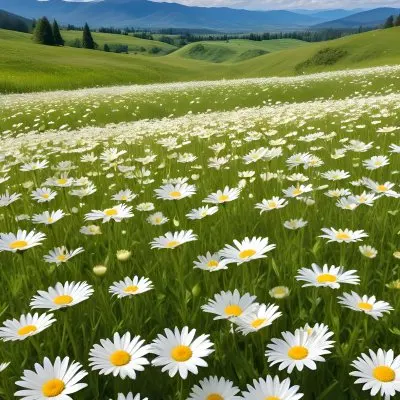A Field Of White Daisy Flowers In A Lush Green Landscape With Rolling Hills And Mountains In The Background Under A Blue Sky With Fluffy White Clouds 12 9e0d