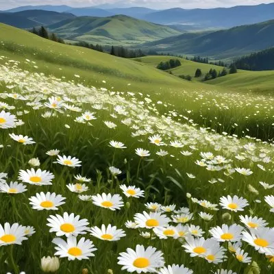 A Field Of White Daisy Flowers In A Lush Green Landscape With Rolling Hills And Mountains In The Background Under A Blue Sky With Fluffy White Clouds 3 4644
