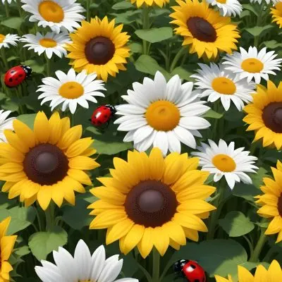 A Field Of Yellow Sunflowers With White Daisies And Ladybugs Crawling On The Flowers Surrounded By Purple Lavender Under A Clear Blue Sky With A Gentle Breeze 23