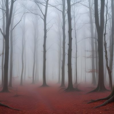 A Foggy Forest With Tall Bare Trees And A Reddish Brown Forest Floor Covered In Fallen Leaves During Dawn With Light Rain In The Background 9 43bb