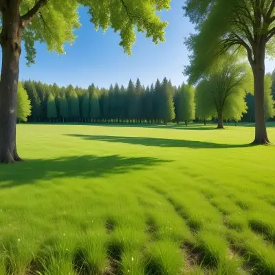 A Green Grass Field With Trees In The Background Sunny Day Blue Sky Vibrant Colors Natural Light Peaceful Atmosphere Lush Greenery Clear Horizon 1 4430