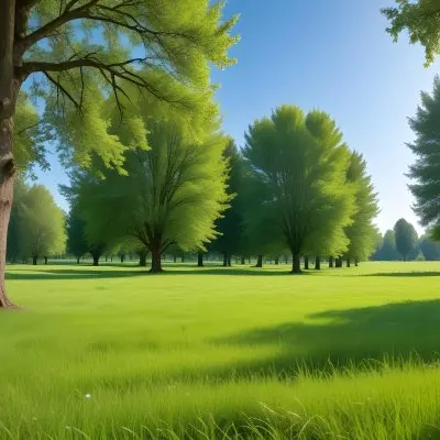 A Green Grass Field With Trees In The Background Sunny Day Blue Sky Vibrant Colors Natural Light Peaceful Atmosphere Lush Greenery Clear Horizon 34 2578
