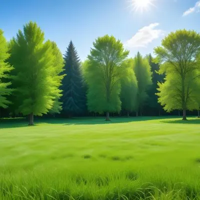 A Green Grass Field With Trees In The Background Sunny Day Blue Sky Vibrant Colors Natural Light Peaceful Atmosphere Lush Greenery Clear Horizon 36 B05e