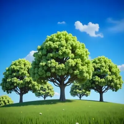 A Group Of Green Trees On A Grassy Hill Clear Blue Sky With Some Clouds Bright Sunny Day Peaceful And Natural Setting 16 C538