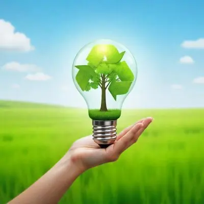 A Hand Holding A Light Bulb With A Green Recycle Symbol And A Tree Inside In A Green Field With A Blue Sky And White Clouds 87 6389