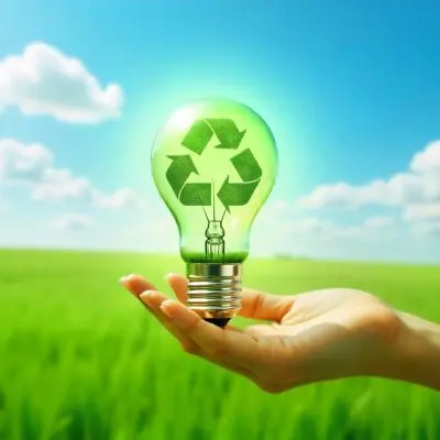 A Hand Holding A Light Bulb With A Green Recycle Symbol And A Tree Inside In A Green Field With A Blue Sky And White Clouds 93 5765