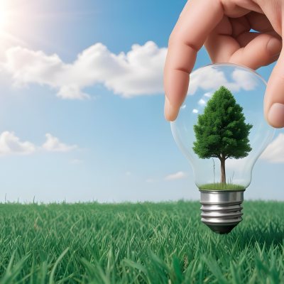 A Hand Holding A Light Bulb With A Tree Inside Green Grass Field And Blue Sky With Clouds In The Background Sunny Day 1 B856