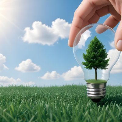 A Hand Holding A Light Bulb With A Tree Inside Green Grass Field And Blue Sky With Clouds In The Background Sunny Day 10 13b0