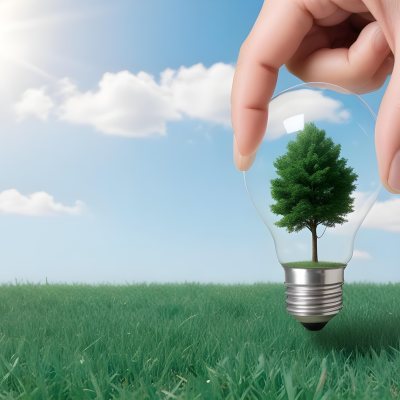 A Hand Holding A Light Bulb With A Tree Inside Green Grass Field And Blue Sky With Clouds In The Background Sunny Day 11 A44c