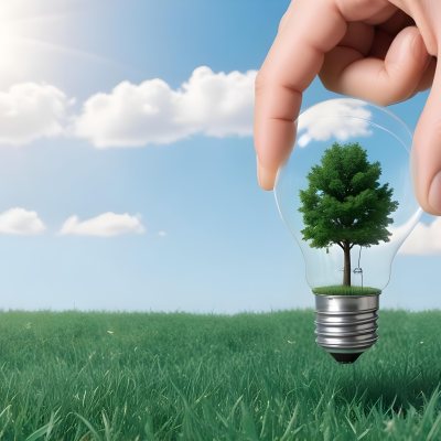 A Hand Holding A Light Bulb With A Tree Inside Green Grass Field And Blue Sky With Clouds In The Background Sunny Day 13 3440