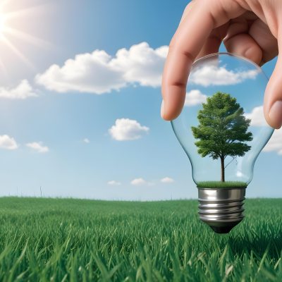 A Hand Holding A Light Bulb With A Tree Inside Green Grass Field And Blue Sky With Clouds In The Background Sunny Day 14 C868