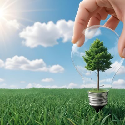 A Hand Holding A Light Bulb With A Tree Inside Green Grass Field And Blue Sky With Clouds In The Background Sunny Day 15 9d2d