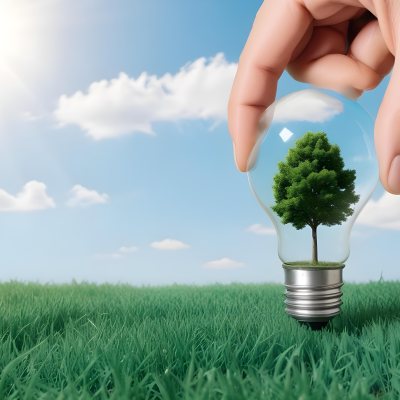 A Hand Holding A Light Bulb With A Tree Inside Green Grass Field And Blue Sky With Clouds In The Background Sunny Day 16 8393