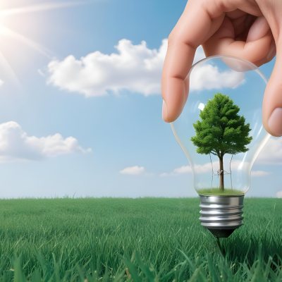 A Hand Holding A Light Bulb With A Tree Inside Green Grass Field And Blue Sky With Clouds In The Background Sunny Day 19 5c19