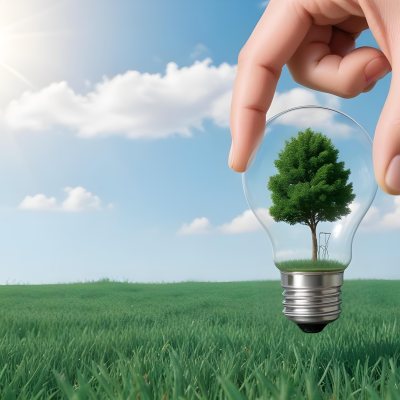 A Hand Holding A Light Bulb With A Tree Inside Green Grass Field And Blue Sky With Clouds In The Background Sunny Day 2 F7b2