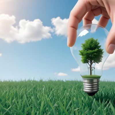 A Hand Holding A Light Bulb With A Tree Inside Green Grass Field And Blue Sky With Clouds In The Background Sunny Day 20 A82d