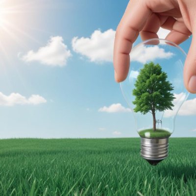 A Hand Holding A Light Bulb With A Tree Inside Green Grass Field And Blue Sky With Clouds In The Background Sunny Day 3 34e8