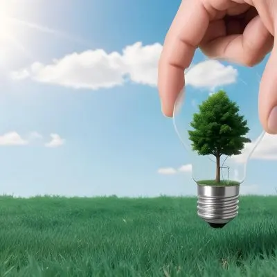 A Hand Holding A Light Bulb With A Tree Inside Green Grass Field And Blue Sky With Clouds In The Background Sunny Day 4 35ec