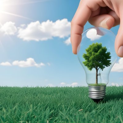 A Hand Holding A Light Bulb With A Tree Inside Green Grass Field And Blue Sky With Clouds In The Background Sunny Day 5 7bc8