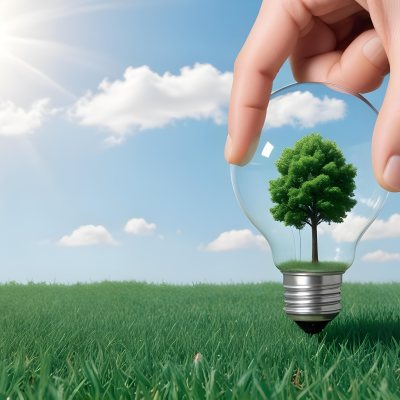 A Hand Holding A Light Bulb With A Tree Inside Green Grass Field And Blue Sky With Clouds In The Background Sunny Day 7 4c63