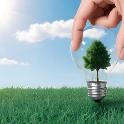 A Hand Holding A Light Bulb With A Tree Inside Green Grass Field And Blue Sky With Clouds In The Background Sunny Day 9 F4f9