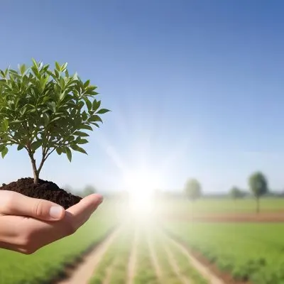 A Hand Holding A Small Tree With Green Leaves And Brown Soil With A Blurred Background Of A Road And A Blue Sky 37 9d5d