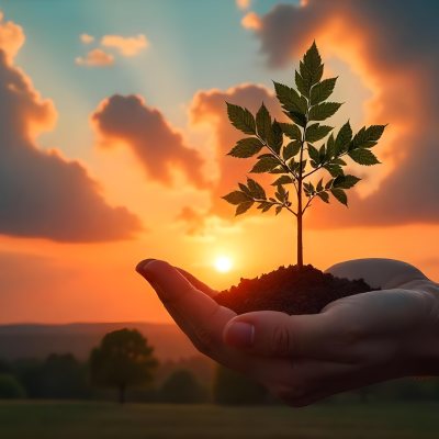 A Hand Holding A Tree With Soil Sunset With Clouds In The Background Dramatic Sky With Many Clouds Orange And Blue Tones 1 3eda