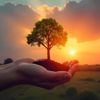 A Hand Holding A Tree With Soil Sunset With Clouds In The Background Dramatic Sky With Many Clouds Orange And Blue Tones 13 5ecb