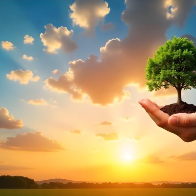 A Hand Holding A Tree With Soil Sunset With Clouds In The Background Dramatic Sky With Many Clouds Orange And Blue Tones 14 E33a
