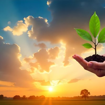 A Hand Holding A Tree With Soil Sunset With Clouds In The Background Dramatic Sky With Many Clouds Orange And Blue Tones 19 Bb1e