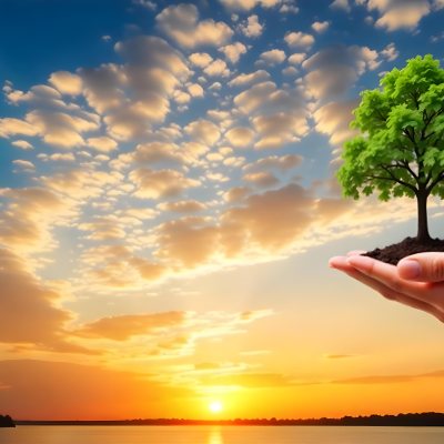 A Hand Holding A Tree With Soil Sunset With Clouds In The Background Dramatic Sky With Many Clouds Orange And Blue Tones 20 4746