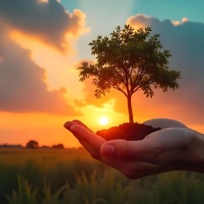 A Hand Holding A Tree With Soil Sunset With Clouds In The Background Dramatic Sky With Many Clouds Orange And Blue Tones 20 54f5