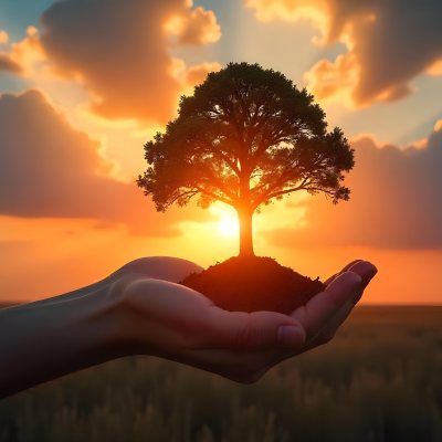 A Hand Holding A Tree With Soil Sunset With Clouds In The Background Dramatic Sky With Many Clouds Orange And Blue Tones 22 8e20