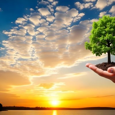 A Hand Holding A Tree With Soil Sunset With Clouds In The Background Dramatic Sky With Many Clouds Orange And Blue Tones 23 17b0