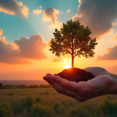 A Hand Holding A Tree With Soil Sunset With Clouds In The Background Dramatic Sky With Many Clouds Orange And Blue Tones 26 A322