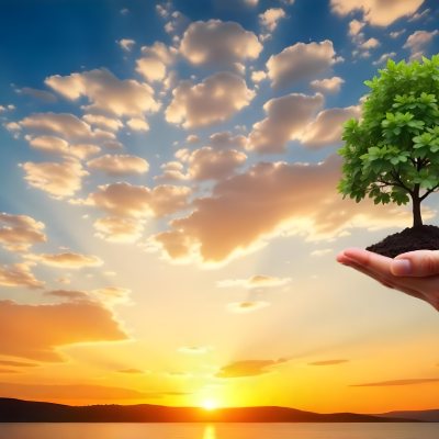 A Hand Holding A Tree With Soil Sunset With Clouds In The Background Dramatic Sky With Many Clouds Orange And Blue Tones 27 7f34