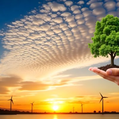 A Hand Holding A Tree With Soil Sunset With Clouds In The Background Dramatic Sky With Many Clouds Orange And Blue Tones 28 B81a