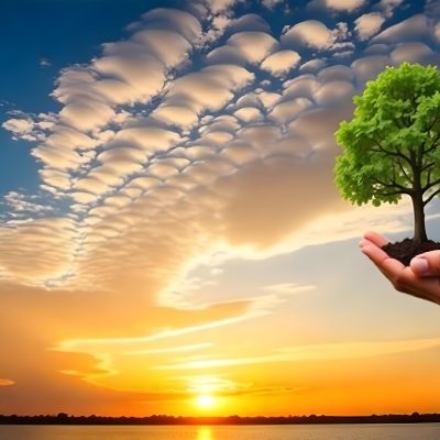 A Hand Holding A Tree With Soil Sunset With Clouds In The Background Dramatic Sky With Many Clouds Orange And Blue Tones 3 D7f1
