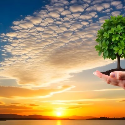 A Hand Holding A Tree With Soil Sunset With Clouds In The Background Dramatic Sky With Many Clouds Orange And Blue Tones 30 3336