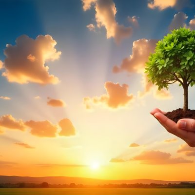 A Hand Holding A Tree With Soil Sunset With Clouds In The Background Dramatic Sky With Many Clouds Orange And Blue Tones 34 2c43