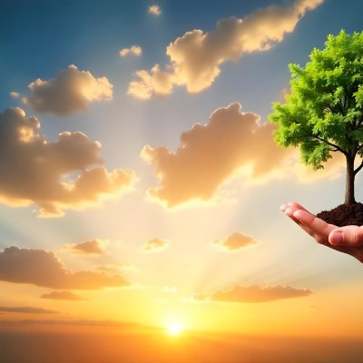 A Hand Holding A Tree With Soil Sunset With Clouds In The Background Dramatic Sky With Many Clouds Orange And Blue Tones 38 65b0