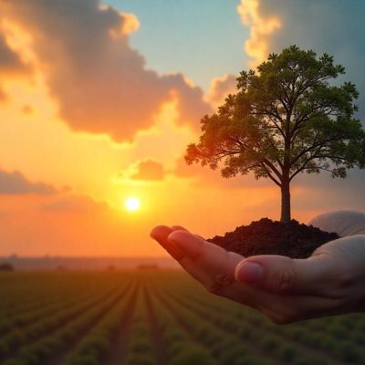 A Hand Holding A Tree With Soil Sunset With Clouds In The Background Dramatic Sky With Many Clouds Orange And Blue Tones 43 5799