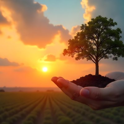 A Hand Holding A Tree With Soil Sunset With Clouds In The Background Dramatic Sky With Many Clouds Orange And Blue Tones 44 Aab2