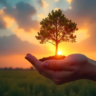 A Hand Holding A Tree With Soil Sunset With Clouds In The Background Dramatic Sky With Many Clouds Orange And Blue Tones 5 839b
