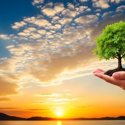 A Hand Holding A Tree With Soil Sunset With Clouds In The Background Dramatic Sky With Many Clouds Orange And Blue Tones 8 F668